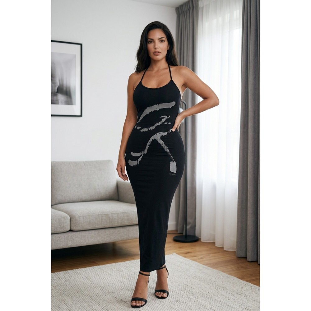 Cavendish Black Graphic Print Midi Bodycon Dress Spaghetti Strap Sexy Womens M